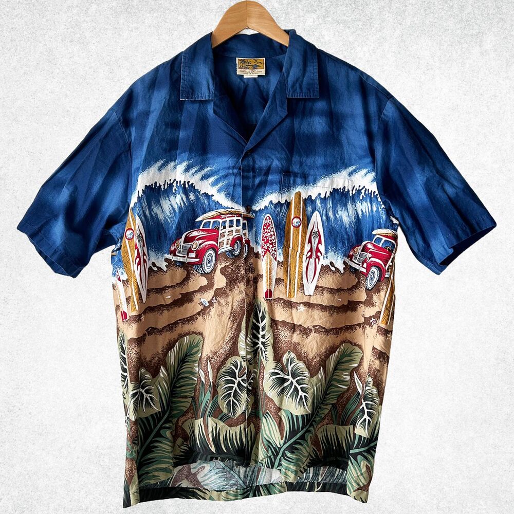 Hawaiian Shirt Surfboards Woody Cars Mens Size XL Coconut Buttons Winnie Fashion